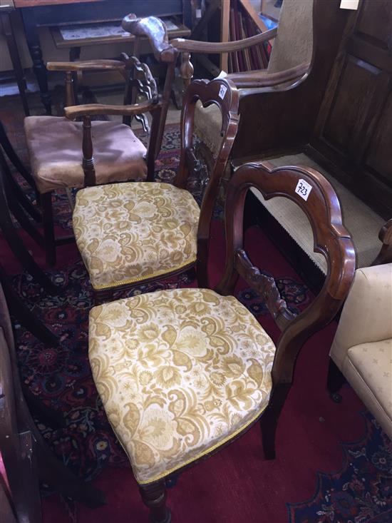Pair oak hall chairs and another